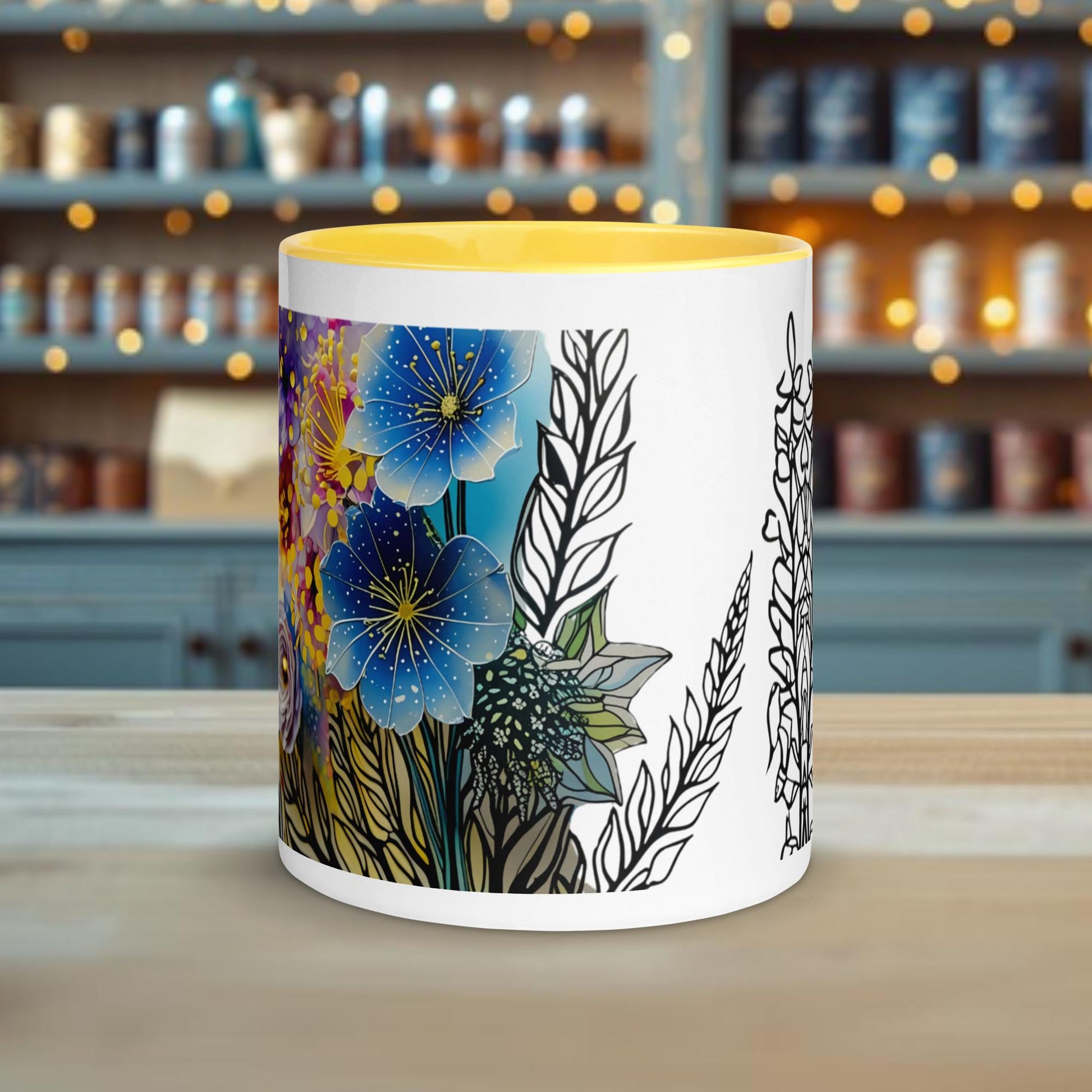 Fairy Galactic Floral with an Edge Weiße Keramiktasse mit Farbe an der Innenseite 11oz/325ml